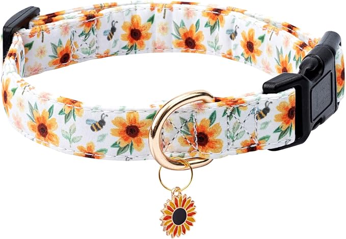 Cotton Dog Collar,Adjustable Cute Puppy Collar with Moon Patterned Design for Small Medium Large Dogs,Soft and Fancy Pet Collar with Safety Buckle for Girl Boy Dogs (Yellow Sunflower, S)