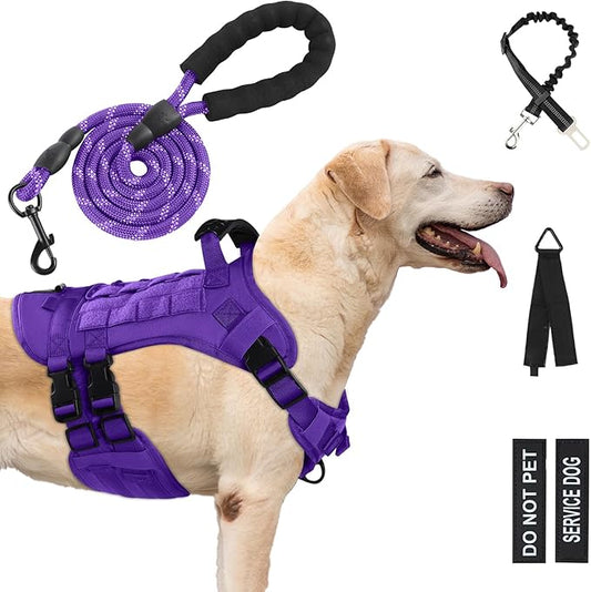 No Pull Tactical Dog Harness for Large Dogs, Escape Proof Molle Dog Vest Harness and Leash Set, Adjustable Military Service Dog Harness with Handle for Medium Large Dogs(Purple, L)