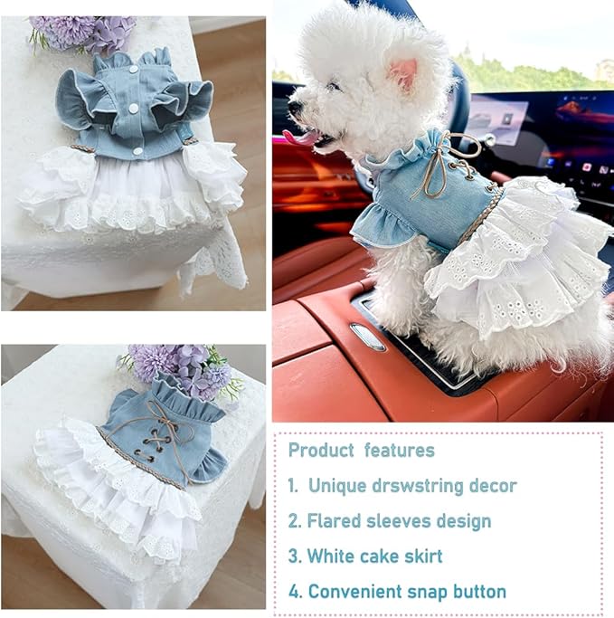 Girl Dog Denim Dress with Flared Sleeves Dog Jeans Jacket Blue White Puppy Clothes for Small Dogs Cat Apparel Cake Skirt Pet Outfit (Blue, X-Small)