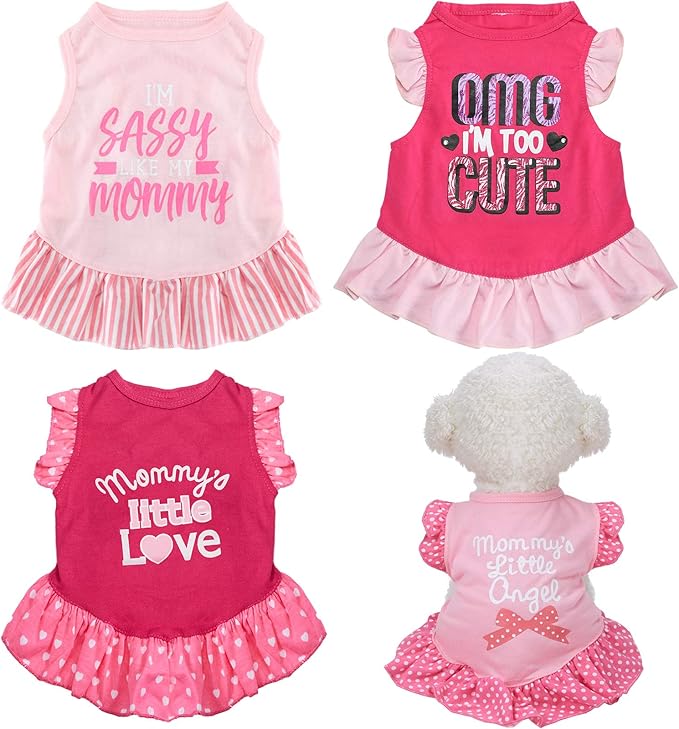 Weewooday 4 Pieces Pet Dress Shirt Cute Pink Dog Sundress Printed Dog Princess Dress Puppy Summer Apparel Clothes Pet Skirt Shirt with Ruffles Cloth for Small Dogs Cats Puppy(S)