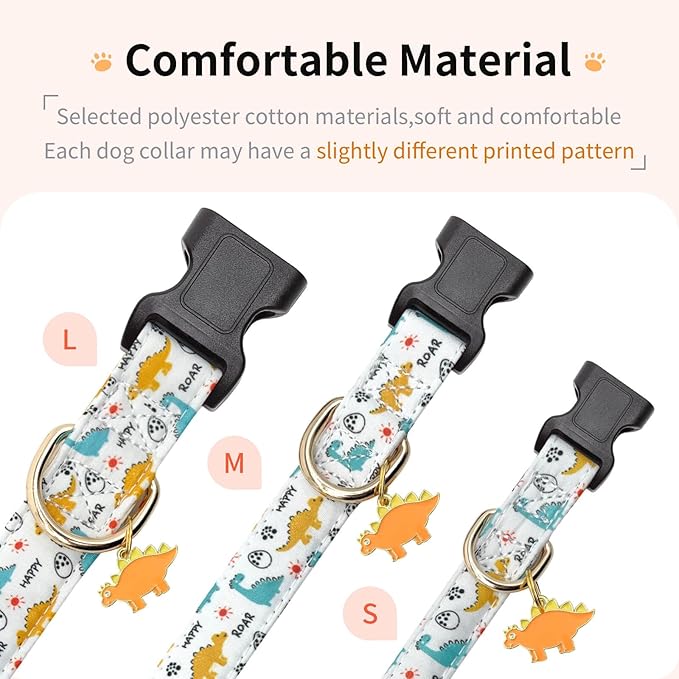 Cotton Dog Collar,Adjustable Cute Puppy Collar with Moon Patterned Design for Small Medium Large Dogs,Soft and Fancy Pet Collar with Safety Buckle for Girl Boy Dogs (Yellow Dinosaur, L)