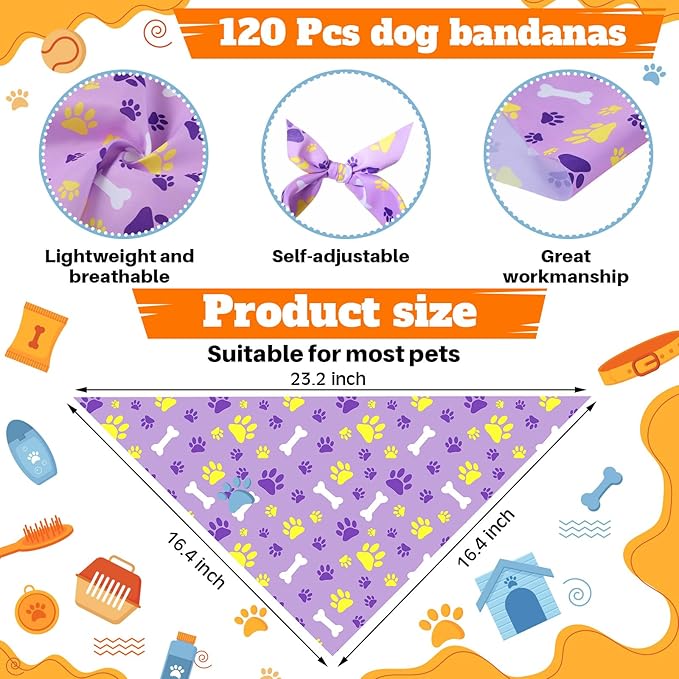 Sanwuta 120 Pcs Paw Print Dog Bandanas Bulk Pet Scarves Adjustable Soft Cute Dog Triangle Scarfs for Medium Small Dogs Cats Large Puppy