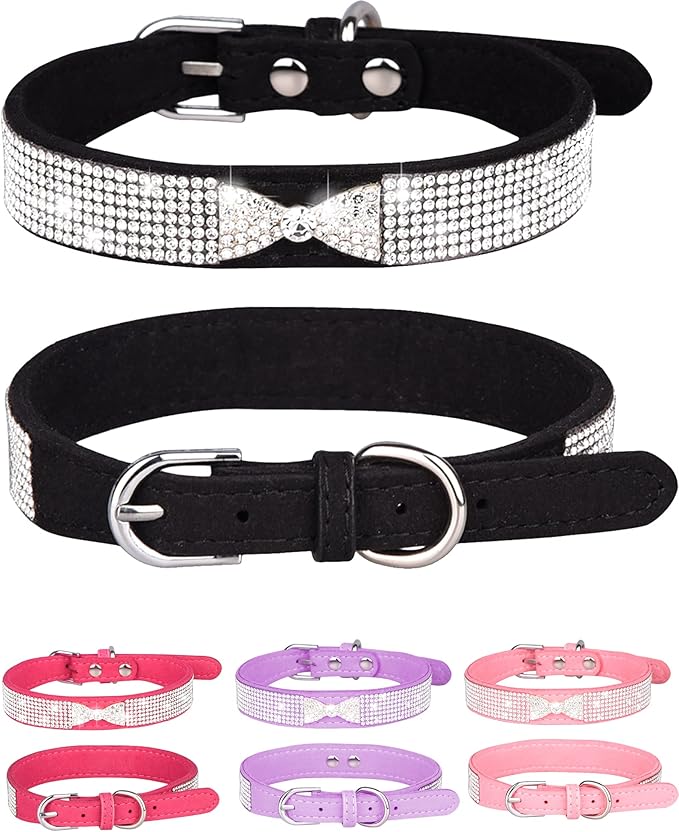 Dog Collar for Small Dogs, Adjustable Leather Suede Bling Dog Collars，Pink Dog Collar Cat Collar, Rhinestone Dog Collar (L, black4)
