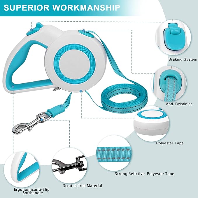 16Ft Retractable Dog Leash,Night Reflection,Light Weight Leash for Small to Dogs/Cats,Stainless SteelSpring,Strong Nylon Tape,One-Handed Brake(Blue-White)