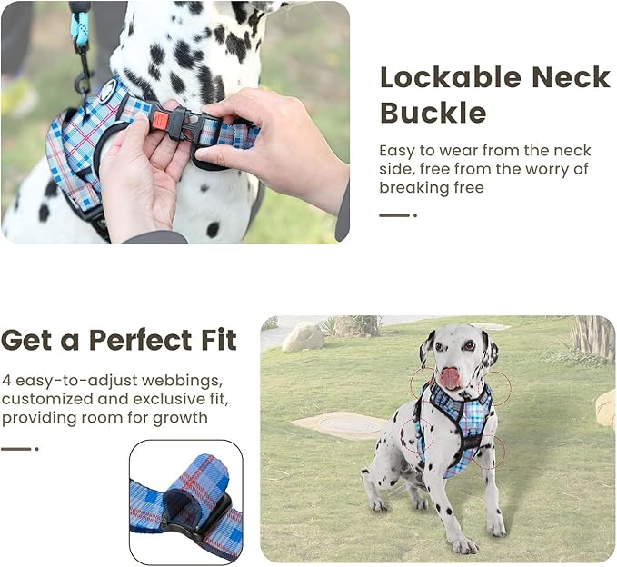FURRYFECTION Plaid Dog Harness for Large Dogs | No Pull Reflective Pet Harness | No Choke Adjustable Dog Vest Harnesses | with Leash | Easy Control Handle | Front Lead | Seat Belt | Blue&White | XL