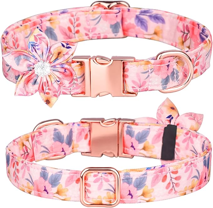 Dog Collar, Girl Dog Collar Puppy Collar Floral Pattern Dog Collar Cute Dog Collar with Detachable Rhinestone Flower for Female Dogs Small Medium Large (L, Pink)