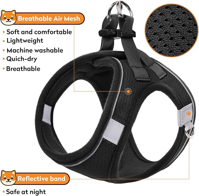 Dog Harness with Leash Set, No-Pull Step-in Reflective Pet Harness with 1 Leash Clips, Adjustable Soft Padded Easy Walk Dog Vest for Small Medium Large Dogs, Cats(Carbon Black, XXSmall)