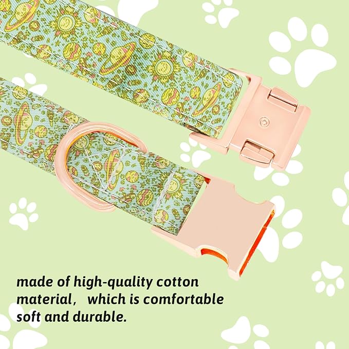Dog Collar and Leash Set Girls Adjustable Puppy Collars with Planet Bow Tie for Small Medium Large Female Dogs, Green Planet, L