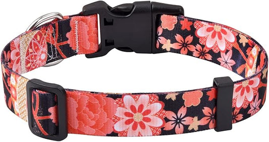 Dog Collar with Bohemia Floral Tribal Geometric Patterns - Soft Ethnic Style Collar Adjustable for Small Medium Large Dogs(Red Flower A,S)
