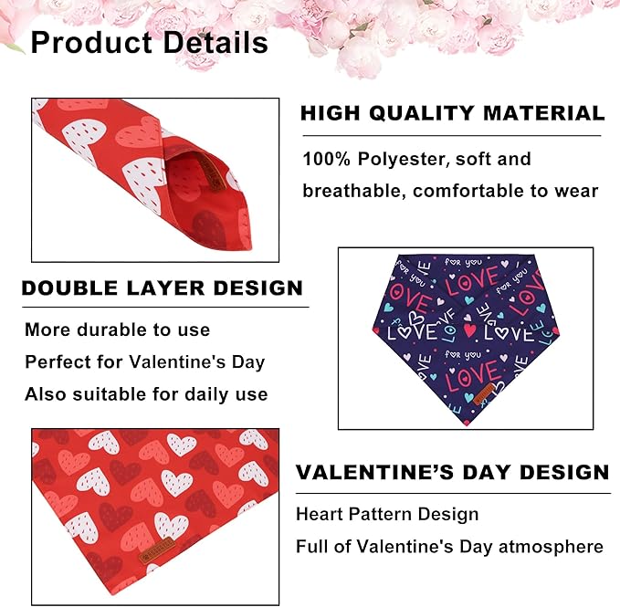 ADOGGYGO Valentine Dog Bandana, Red Blue Heart Love Pet Scarf, Adjustable Fit Pet Valentine Bandanas for Large and Extra Large Dogs (X-Large)