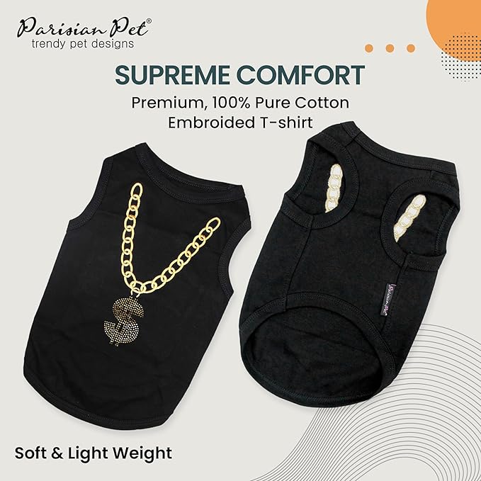 Parisian Pet Dog Tshirt - Embroidered “ Bling $ “ Dogs Clothes - 100% Cotton and Breathable Dog Tank Top- Sleeveless Doggy Tee Shirts - Machine Washable Shirt for Large Dogs - Pet Vest - 3XL