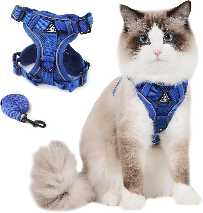 Cat Harness and Leash Set: Escape Proof Vest with Lead for Large Cat Small Dog Puppy Walking, Soft Jacket with Reflective Strips, L Blue