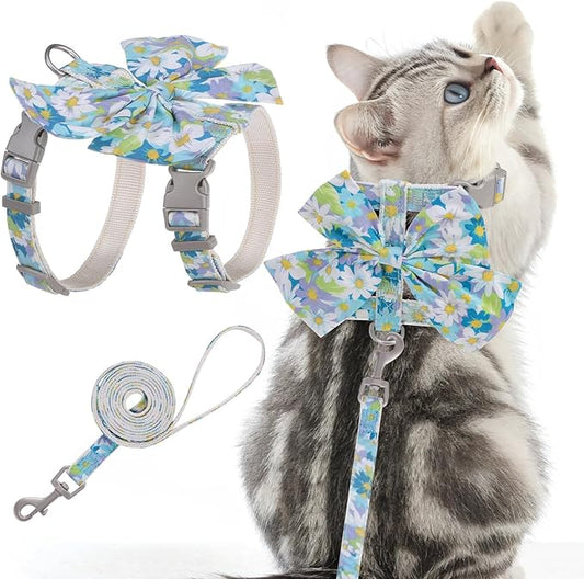 PAWCHIE Cat Harness and Leash Set with Bow Knot,Cats Escape Proof-Adjustable Daisy Floral Kitten Harness Soft Outdoor Walking Travel Pet Harness,Puppy Harness for Girl Cats Bunny Rabbit Small Dog,Blue