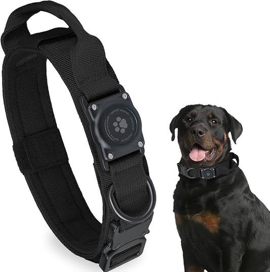 Tactical AirTag Dog Collar, 100% Waterproof Integrated Apple Air Tag Dog Collars with Hard PC AirTag Holder, Adjustable Military Collar with Handle, GPS Dog Collar for Medium Large Dogs (XL, Black)