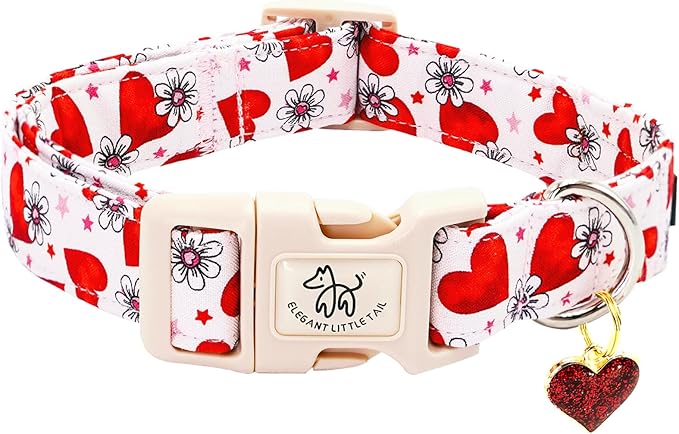 Elegant little tail Valentine's Dog Collar, Flower Pink Heart Dog Collar for Medium Dogs, Female or Male Adjustable Cotton Pet Collar with Quick Release Buckle for Small Medium Large Dogs