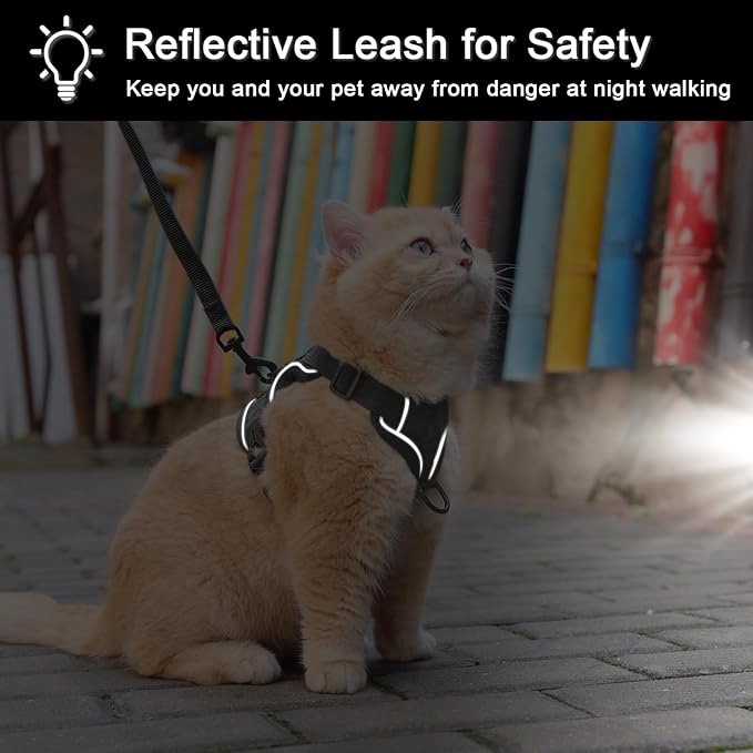 Cat Harness and Leash Set for Small Cat Kitten, Upgraded Escape Proof Adjustable Vest with Lead for Outdoor Walking, Soft Breathable Mesh Jacket with Reflective Stripes for Night(S, Black)