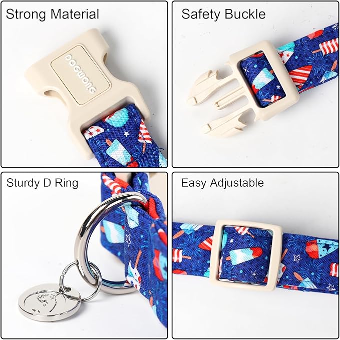 DOGWONG Cotton Dog Collar - Summer Popcile Soft Natural Fabric Puppy Necklace for Small, Medium, Large Dogs