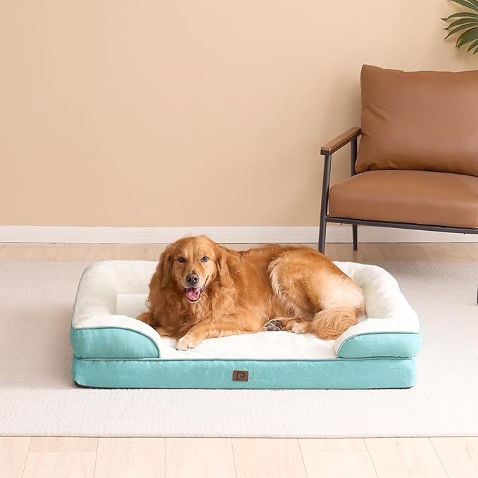 EHEYCIGA Orthopedic Dog Beds for Extra Large Dogs, Waterproof Memory Foam XXL Dog Bed with Sides, Non-Slip Bottom and Egg-Crate Foam Big Pet Couch Bed with Washable Removable Cover, Turquoise Blue