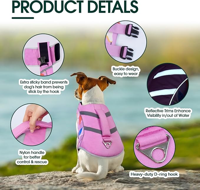 Kuoser Dog Life Jacket with Reflective Stripes, Puppy Water Vest for Swimming Boating, Adjustable High Visibility Dog PFD Vest with High Flotation Swimsuit, Pear XS