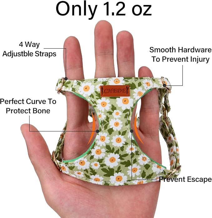 CHEDE No-Pull Floral Pattern Dog Harness - Lightweight and Soft, Adjustable for Small and Medium Dogs (XS, Green Daisy)