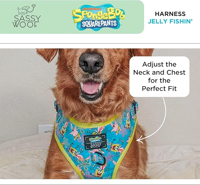 Dog Adjustable Harness - Spongebob Squarepants™ Jelly Fishin' - M, Breathable Mesh, No Pull Design with Two D-Rings, Patented Design, Perfect for Medium Dogs - Officially Licensed