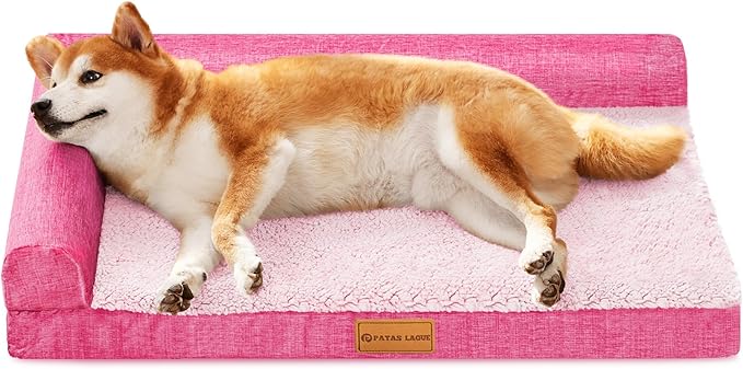 Patas Lague Orthopedic Dog Bed for Medium Dogs, Waterproof L Shaped Medium Pet Sofa Beds with Removable Washable Cover, Soft Comfortable Pet Couch Mat with Nonskid Bottom, 30''X20'' Pink