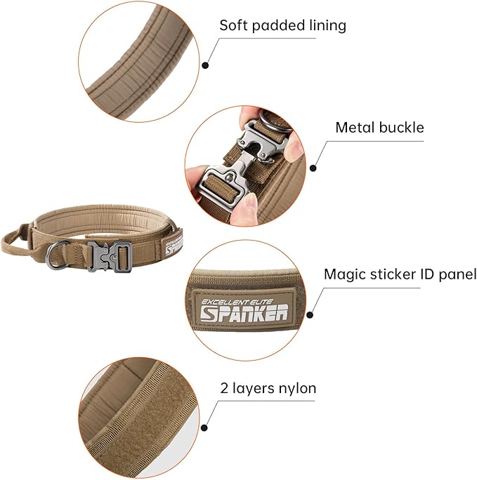 EXCELLENT ELITE SPANKER Tactical Dog Collar Nylon Adjustable Training Collar Military Dog Collar Heavy Duty Metal Buckle with Control Handle for Medium and Large Dogs with Patches(COB-M)