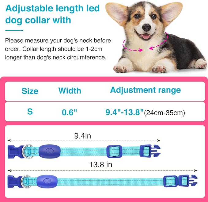 Light Up Dog Collar at Night, Led Dog Collar Adjustable, Lighted Dog Collar Rechargeable Waterproof, Dog Lights for Night Walking, Glow in The Dark Dog Collars Light for Small Pet (S, Blue)