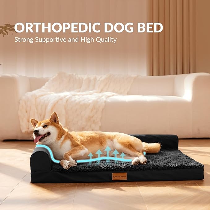 Patas Lague Orthopedic Dog Bed for Large Dogs, Waterproof L Shaped Large Pet Sofa Beds with Removable Washable Cover, Soft Comfortable Pet Couch Mat with Nonskid Bottom, 36''X24'' Black