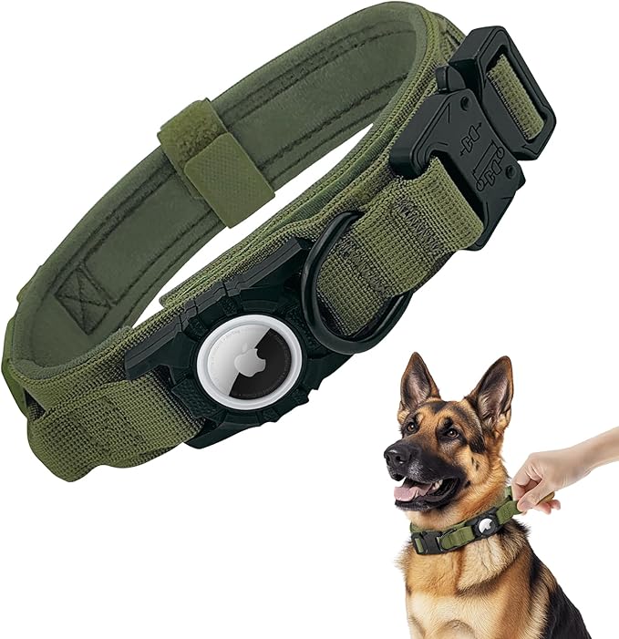 Tactical AirTag Dog Collar - Heavy Duty, Adjustable GPS Collar Compatible with Apple AirTag, with Holder & Control Handle for Medium/Large Dogs [ Green, XL ]
