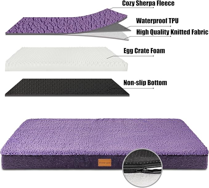 Patas Lague Orthopedic XXL Dog Bed for Extra Large Dogs 48''X30'', Soft Comfortable Waterproof Egg Crate Foam Big Large Pet Beds Mat with Removable Washable Cover, Purple