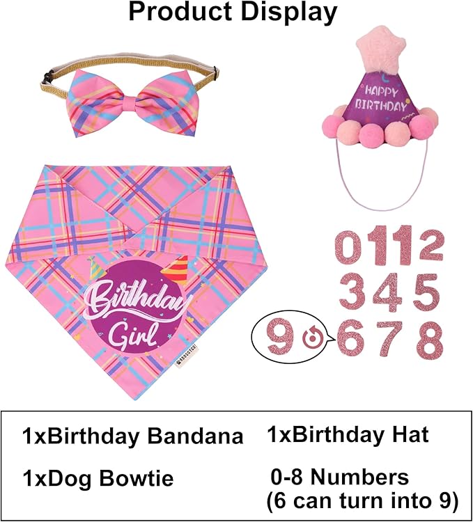 ADOGGYGO Dog Birthday Party Supplies, Pink Birthday Girl Pet Bandana Hat Bowtie Set for Small Dogs (Small)