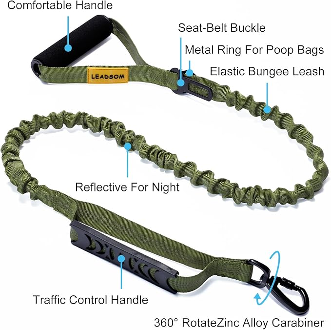 6FT Highly Reflective Heavy Duty Elastic Bungee Medium and Large Dog Leash Shock Absorbing with Comfortable Padded Handle and Traffic Handle Suitable for Training