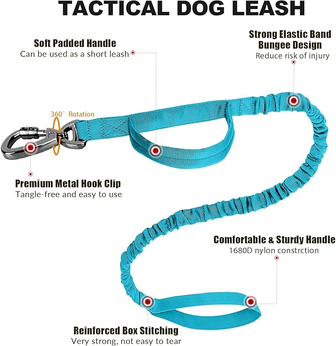 Tactical Dog Collar and Bungee Leash,Military Dog Collar & Leash Set with USA American Flag Adjustable K9 Collar with Heavy Duty Metal Buckle & Handle,with Patches and Airtags Case (Light Blue, M)