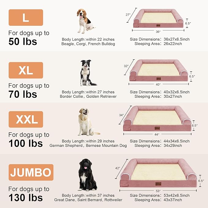 Large Dog Bed Orthopedic Washable: Beds Bolster XL Bed Large Big Dogs Memory Foam Couch Sofa Waterproof with Removable Cover - Pink