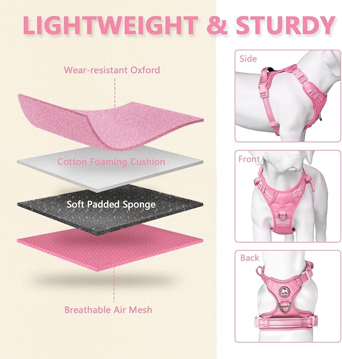 PoyPet No Pull Dog Harness, No Choke Reflective Dog Vest, Adjustable Pet Harnesses with Easy Control Padded Handle for Small Medium Large Dogs(Light Pink Matching Trim,L)