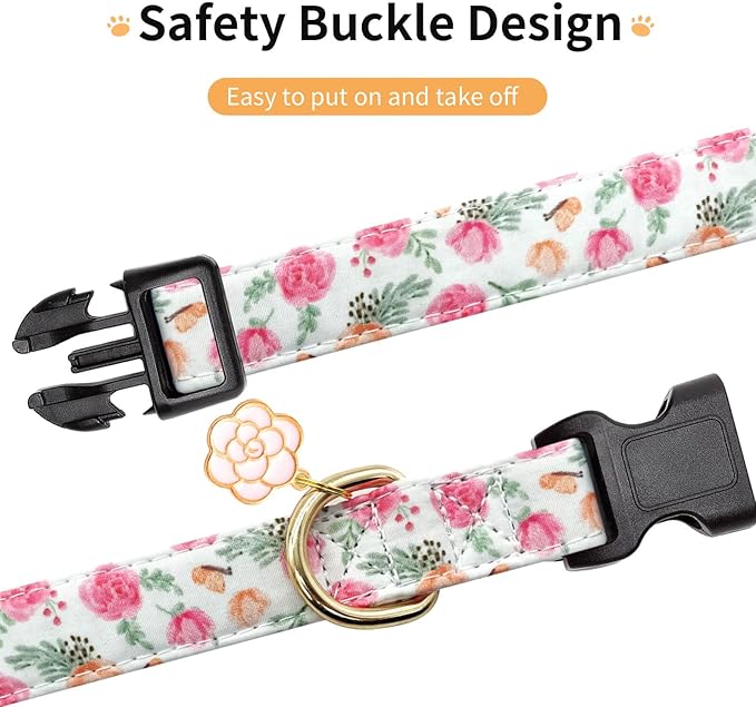 Cotton Dog Collar,Adjustable Cute Puppy Collar with Moon Patterned Design for Small Medium Large Dogs,Soft and Fancy Pet Collar with Safety Buckle for Girl Boy Dogs (Pink Flower, Medium)