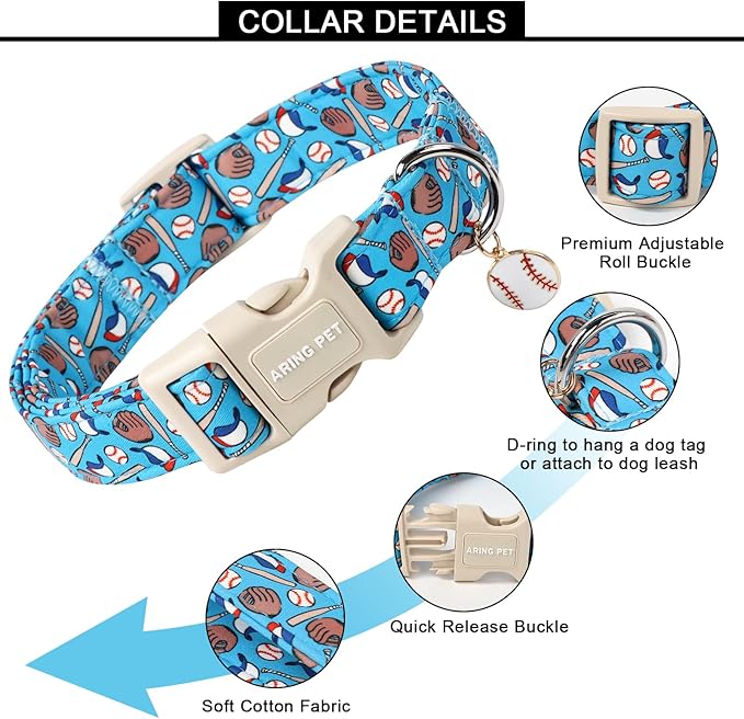 ARING PET Baseball Dog Collar-Cute Summer Blue Dog Colars, Adjustable Baseball Print Pet Collars Puppy Collar with Quick Release Buckle