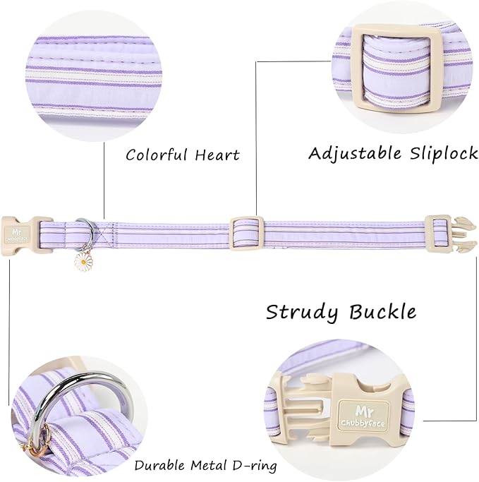 Cotton Dog Collar, Cute Lavender Summer Puppy Collar with Plastic Buckle, Adjustable Soft Natural Fabric Pet Collar for Small Medium Large Dogs