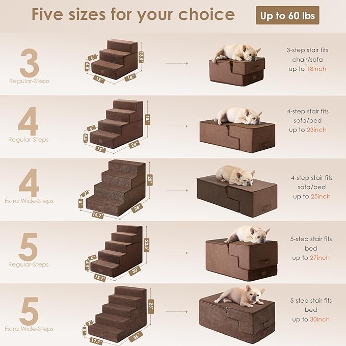 EHEYCIGA Dog Stairs for High Bed 25”H, 5-Step Extra Wide Dog Steps for Bed, Pet Steps for Small Dogs and Cats, Non-Slip Balanced Dog Indoor Ramp, Brown