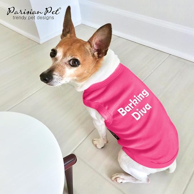 Parisian Pet Dog Tshirt - Embroidered “Barking Diva“ Girl Tank Top - Breathable and Lightweight Dog Clothes Female - Sleeveless Pink Tee Shirts for Small Dogs - S