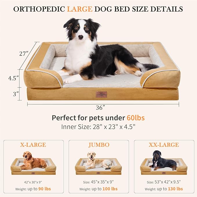 Comfort Expression Large Dog Beds Waterproof, Orthopedic Dog Beds for Large Sized Dogs, Comfy Pet Bed Sofa with Washable Removable Cover & Non-Slip Bottom(Khaki)