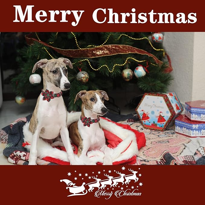 Unique style paws Christmas Dog Collar with Flower Tie Red Green Plaid Adjustable Cotton Puppy Collar for Small Medium Large Dogs-M