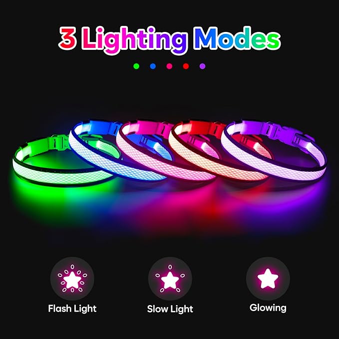 Flashseen LED Dog Collar, USB Rechargeable Light Up Dog Collar Lights, Adjustable Comfortable Soft Mesh Safety Dog Collar for Small, Medium, Large Dogs(Medium, Ruby Red)