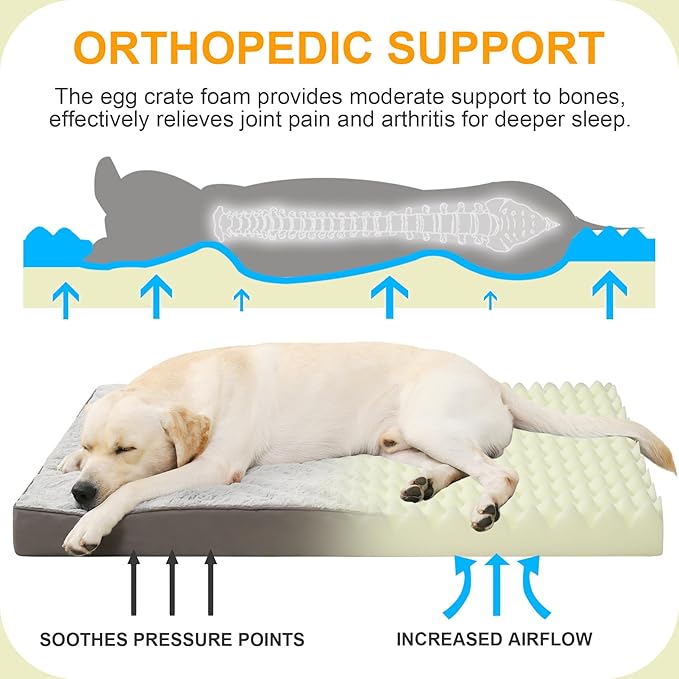 KSIIA Orthopedic Dog Bed - Waterproof, Large Size, Plush, Washable, Egg Crate Foam, Removable Cover, Non-Slip Bottom, 44 x 32 Inch, Gray