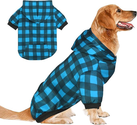 Plaid Dog Sweaters Hoodies Sweatshirts for Dogs Cats, Warm and Soft Cold Weater Coats for Christmas (Blue, X-Large)