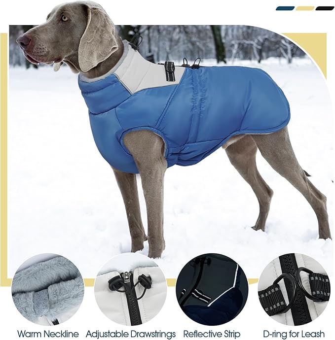 ROZKITCH Dog Jacket for Cold Weather, Dog Coat for Autumn Winter with Turtleneck, Pet Clothes with Adjustable Buckles, Soft Warm Pet Clothing with Reflective Strip for Medium Large Dogs Blue 2XL