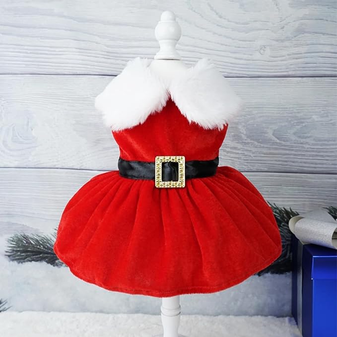 Dog Christmas Red Velvet Dress Cute Puppy Xmas Outfits Santa Claus Cat Skirt with 2 Bow Accessories Thermal Winter Warm Dog Clothes Coat Holiday Costumes(X-Large)