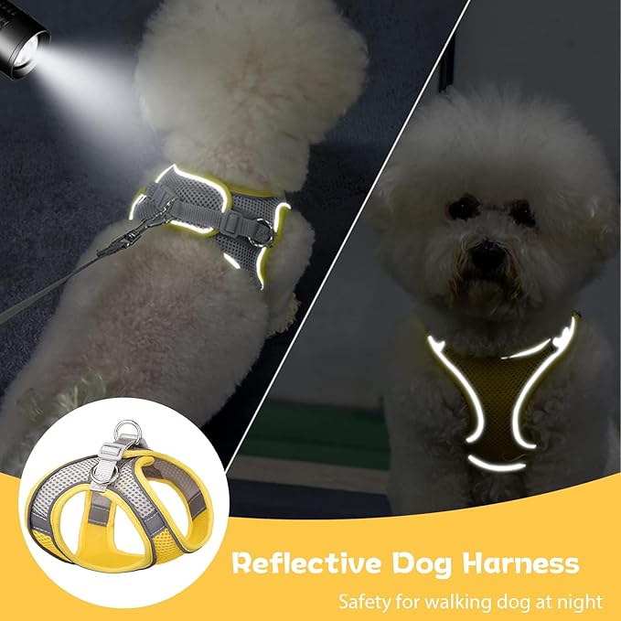 Soft Small Dog Harness and Leash Set Mesh Puppy Harnesses Leash Easy Walk Dog Vest Adjustable Reflective No Pull Dogs Harnesses for Small Dogs Cats (Yellow Grey, XXS)