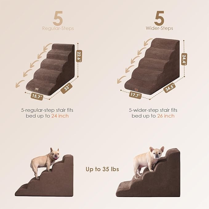EHEYCIGA Curved Dog Stairs Ramp for High Beds, 5-Step Extra Wide Dog Steps for Small Dogs and Cats, Pet Stairs for High Bed Climbing, Non-Slip Balanced Pet Step Indoor, Brown